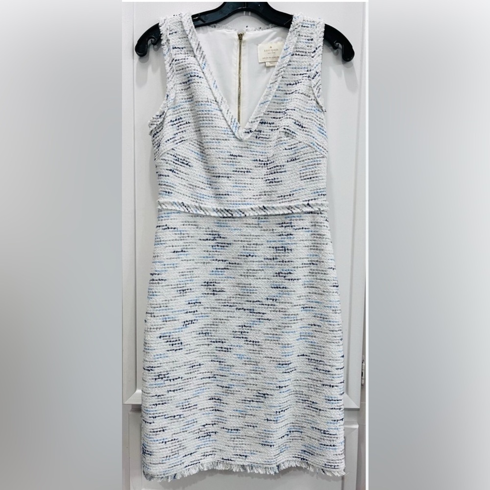 Kate Spade Tweed White Blue V-Neck Sleeveless Body Con Elegant Dress